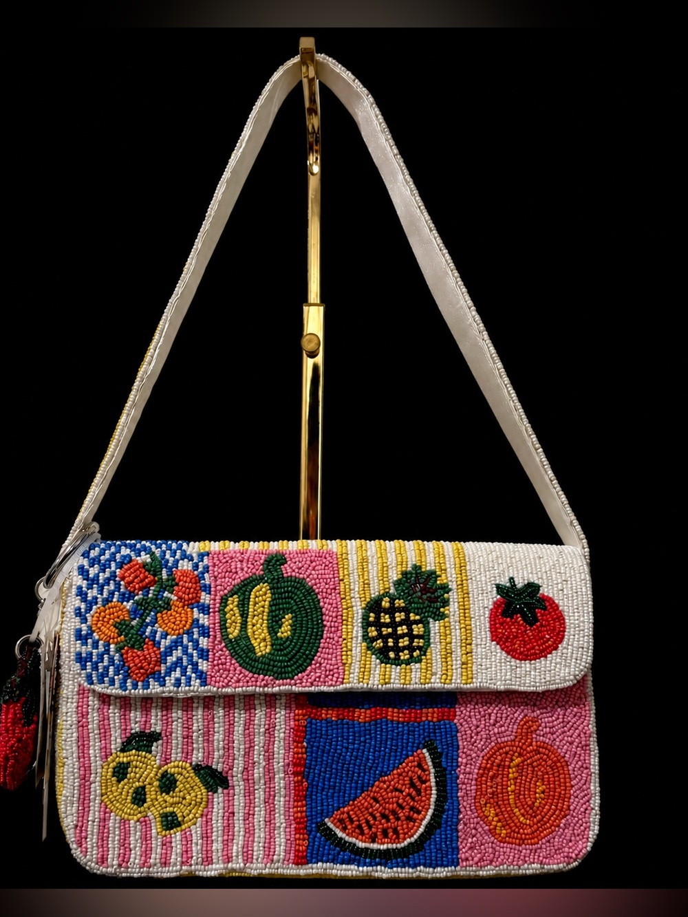 India Boutique White Multicolor Beaded Fruit Patchwork Shoulder Bag - Picture 1 of 4